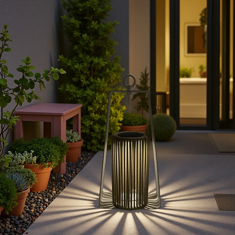 Portable outdoor solar floor lantern in the terrace