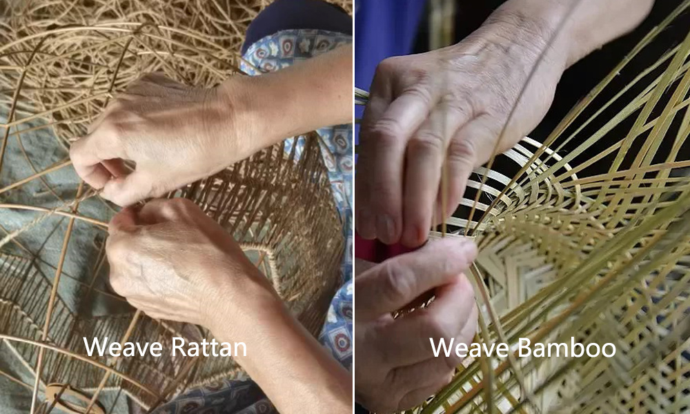 Details of an artisan hand-weaving rattan to create a lampshade.