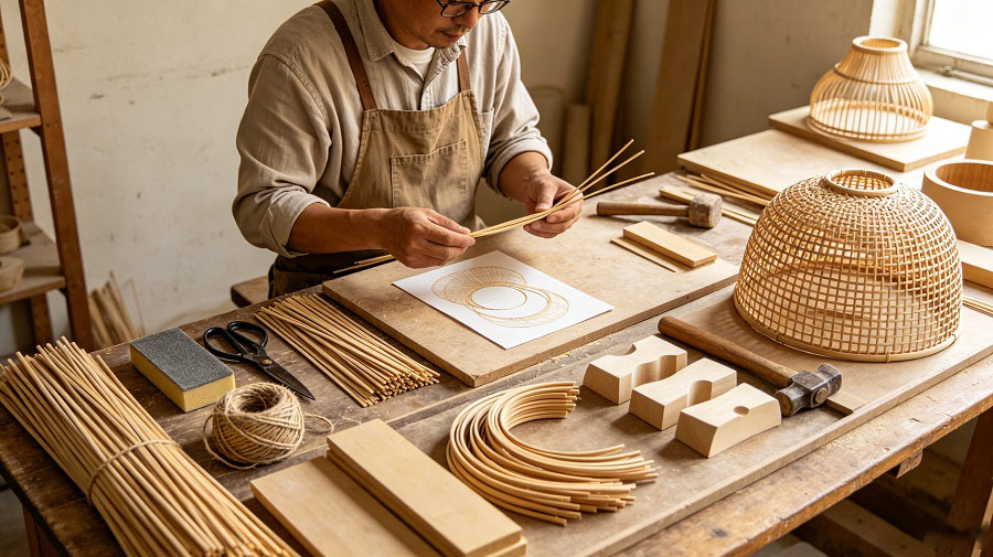 Natural rattan materials being inspected and prepared for handcrafted lighting