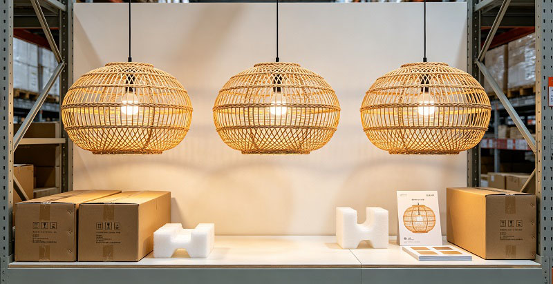 Batch quality comparison of handcrafted natural woven pendant lights after inspection