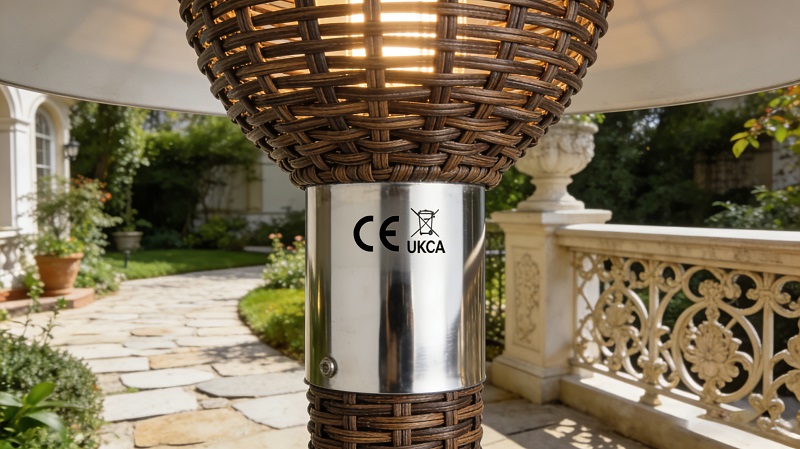 CE & UKCA certified outdoor rattan lights, compliant with LVD, EMC and RoHS directives.