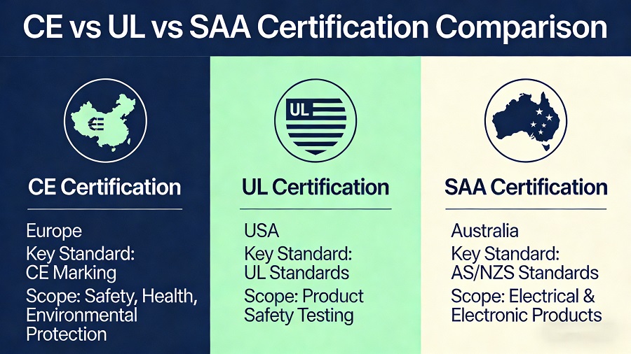 CE vs UL vs SAA certification comparison for outdoor rattan lights