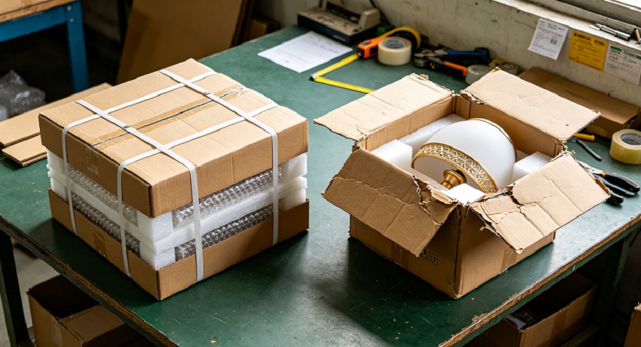 Export packaging comparison showing good and poor lighting product protection