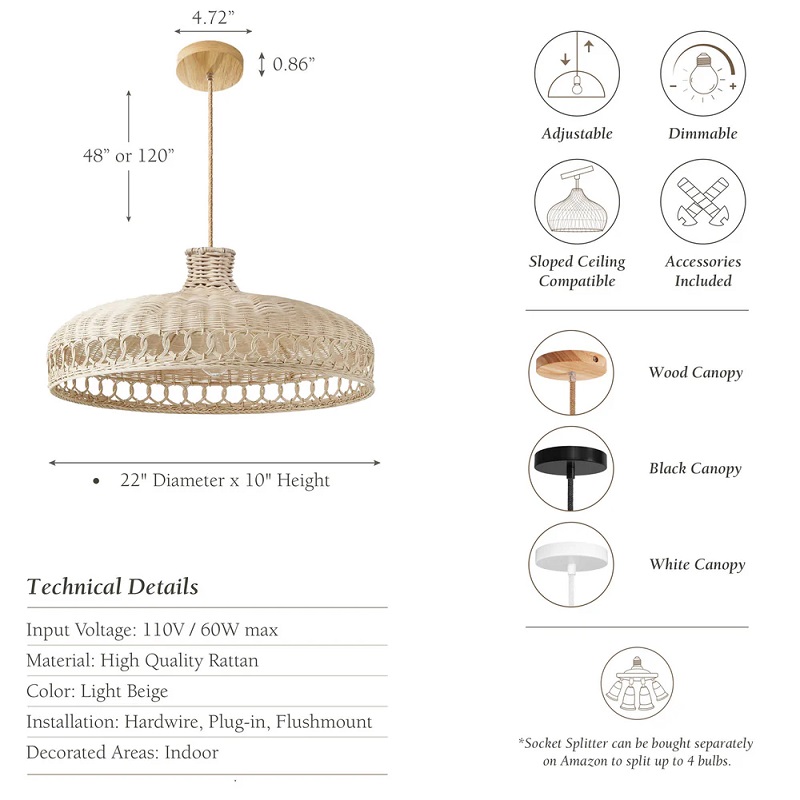 Crown rattan pendant light size