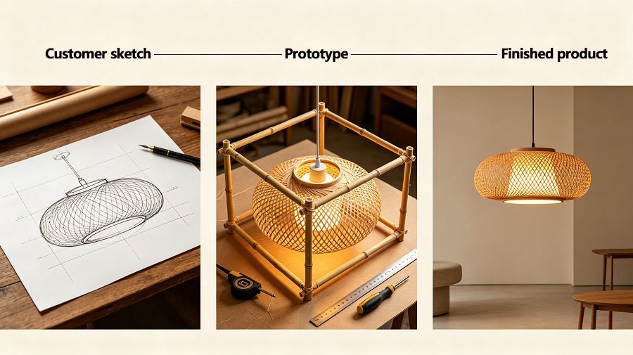 Custom rattan and bamboo lighting development from design sketch to finished prototype