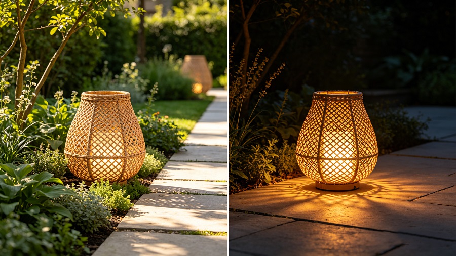 Day and Night Effect Comparison of Outdoor Trail Vine Lights Serving as decorative landscaping by day and ambient lighting by night