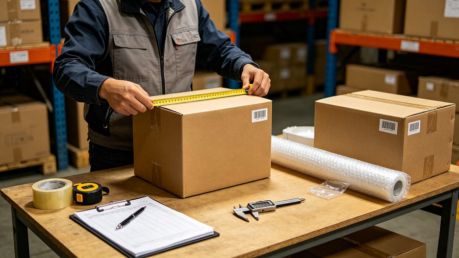Engineers optimizing packaging dimensions to reduce freight costs