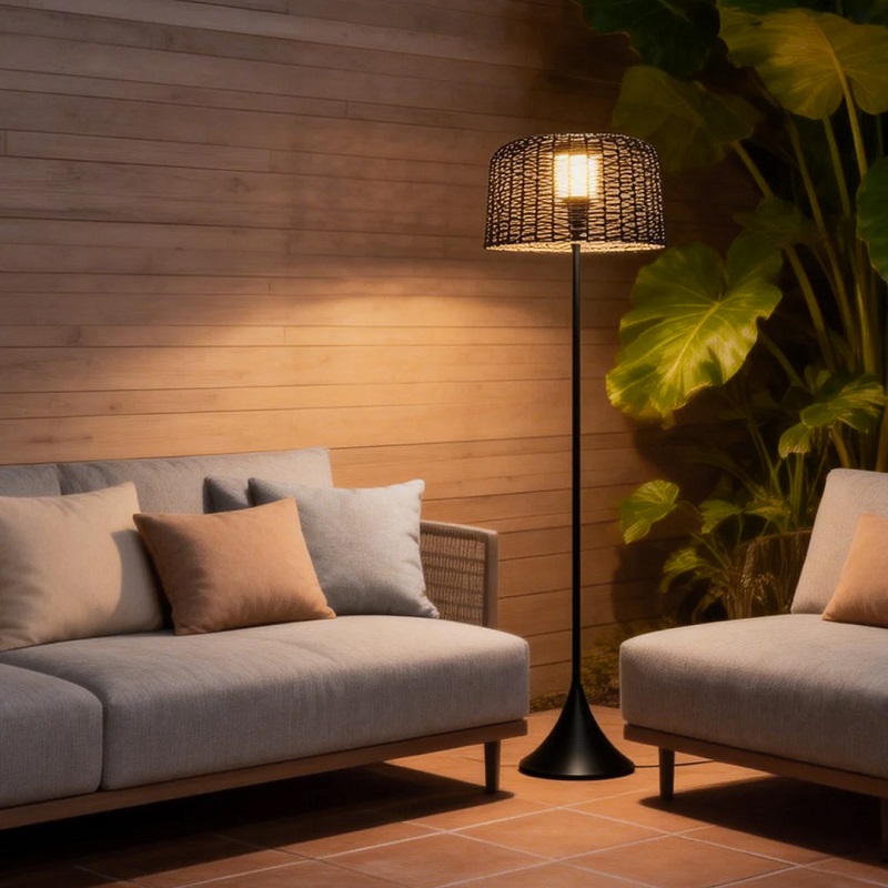 Floor-standing outdoor rattan lamp in the corner of the balcony