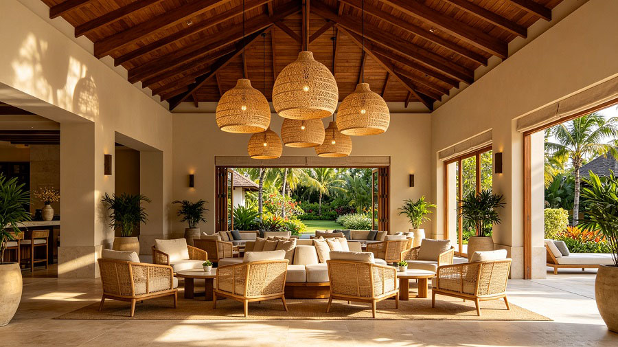 Handmade rattan lighting creating a warm atmosphere in a hospitality project