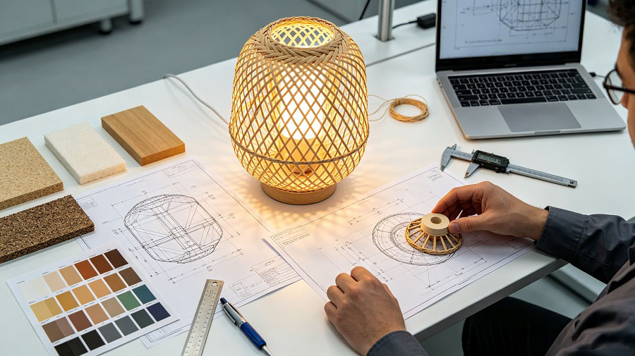Engineers reviewing CAD drawings beside a prototype lamp.