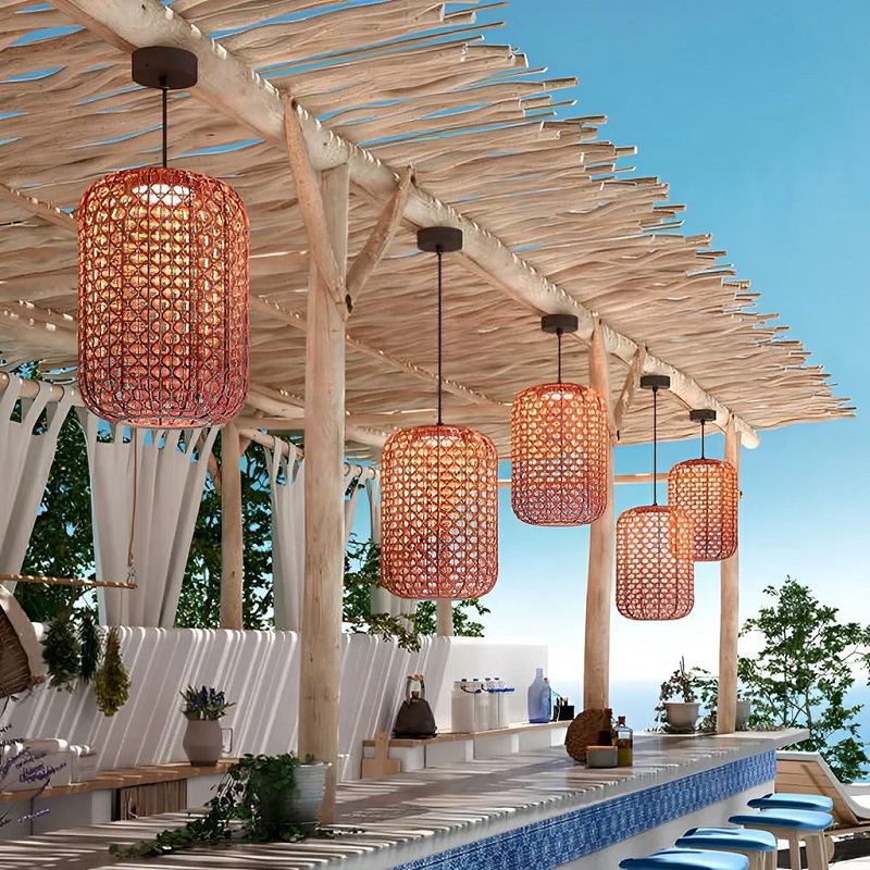PE synthetic rattan outdoor pendant light for wholesale