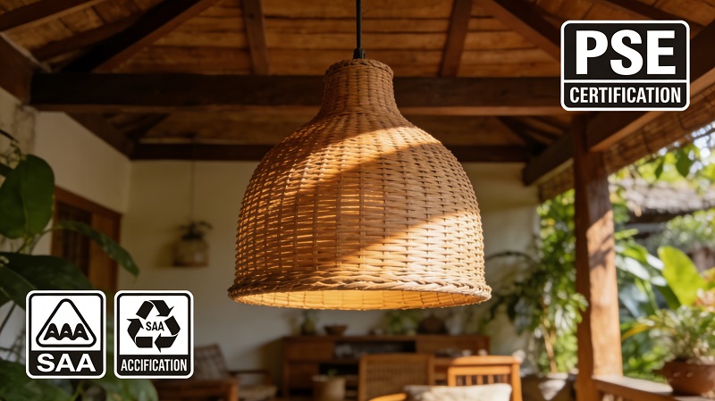 PSE and SAA logos + Image of outdoor rattan garden lighting fixtures for Southeast Asia