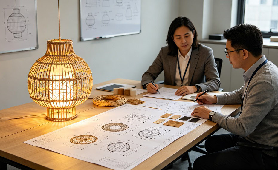 Reviewing a prototype rattan lamp before mass production