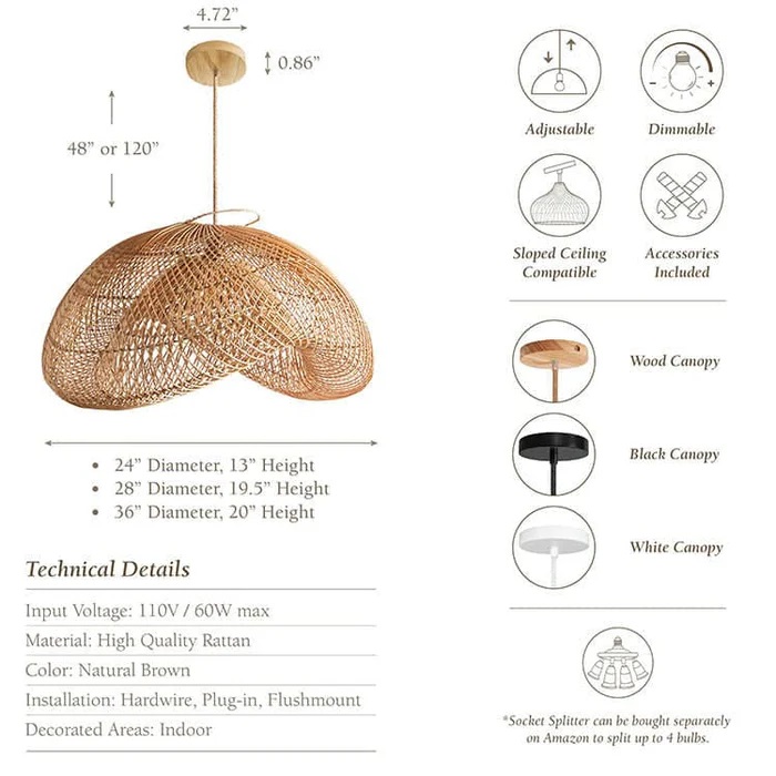 Sepherina Rattan pendant light specs decorated areas indoor