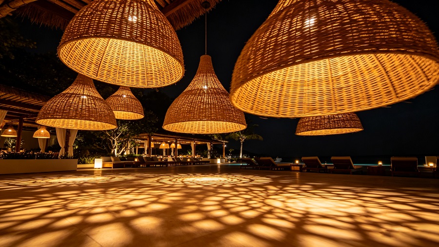 The high-end resort's terrace features a large rattan pendant light that creates a dappled light and shadow ambiance