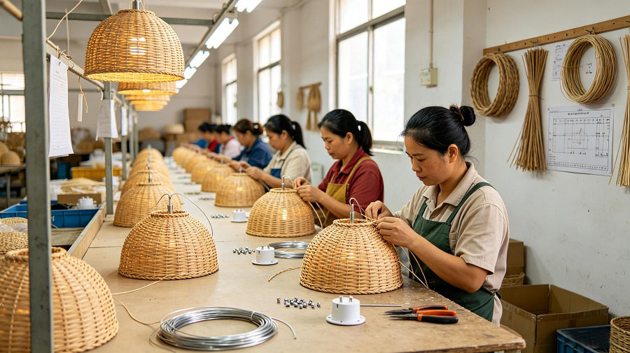 Handwoven rattan pendant lamps during mass production