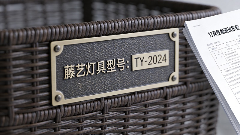 Close-up of an outdoor rattan light fixture nameplate + Thumbnail of a test report