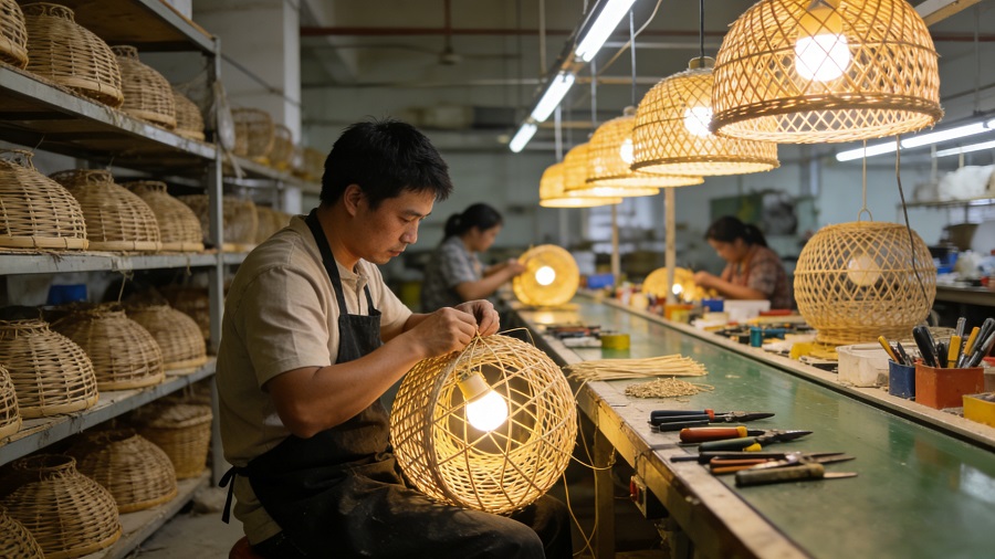 outdoor rattan light handmade weaving and production line