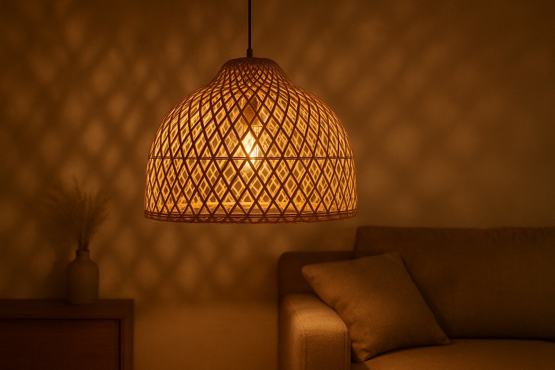 Natural rattan light fixture creating warm shadows in a modern living room during winter