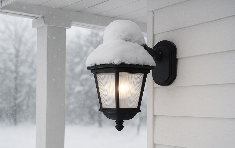 Durable plastic outdoor wall light with snow around porch in winter