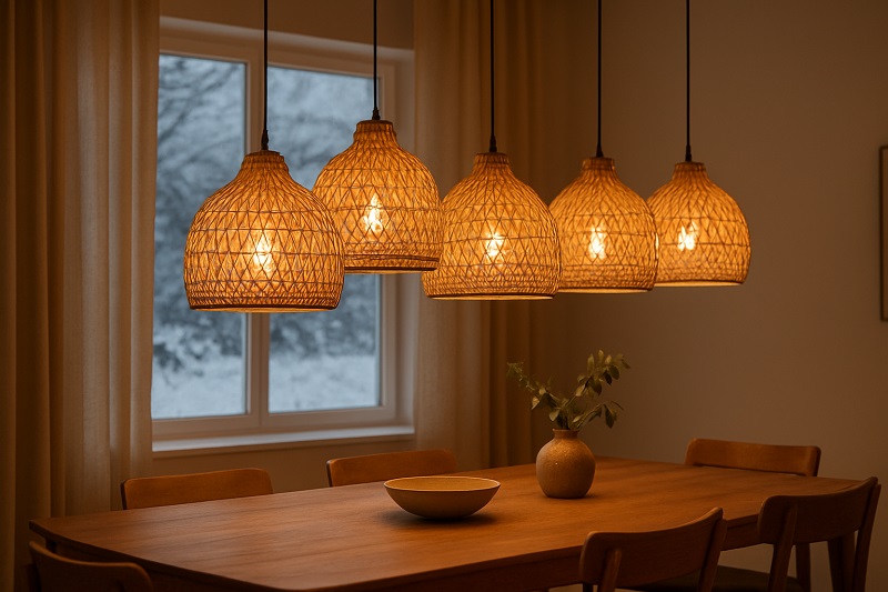 Dining room decorated with rattan pendant light, creating warm winter atmosphere