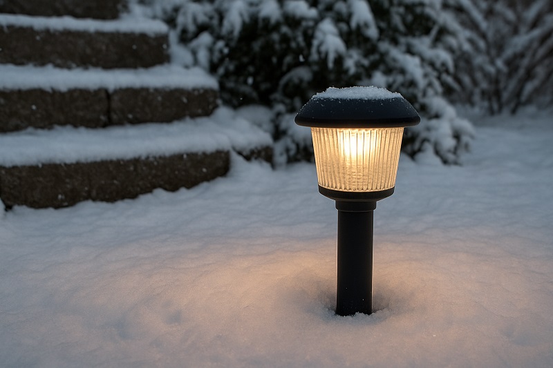 Outdoor plastic LED pathway light illuminating snowy steps during winter night