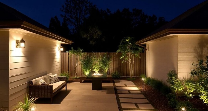 Modern layered lighting, created by combining various outdoor light fixtures, produces an emotionally resonant lighting atmosphere.