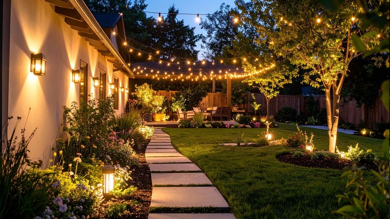A combination of various outdoor lights illuminates the entire garden.