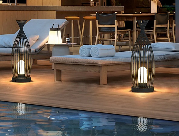 Woven floor lamp by the pool