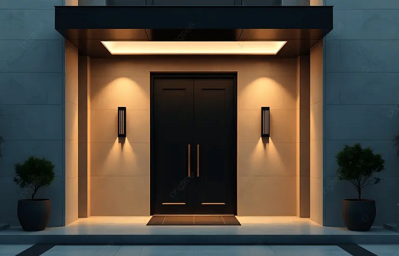 Symmetrical wall lights installed at the entrance