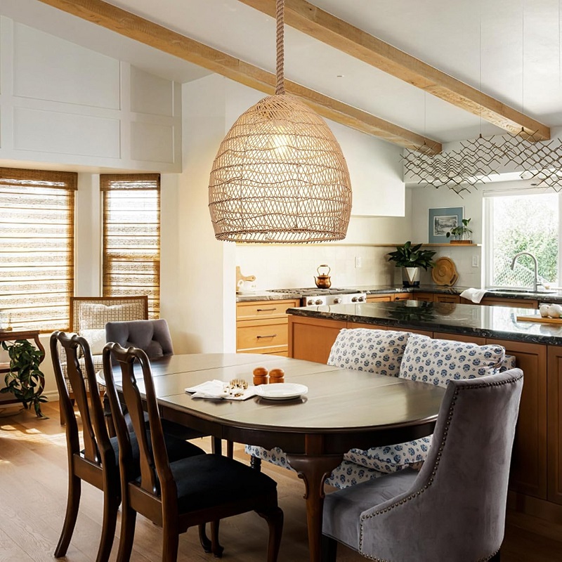 Dining room with rattan lamps