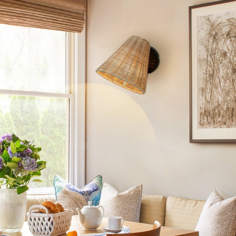 Rattan wall lamp installed on the sofa background wall