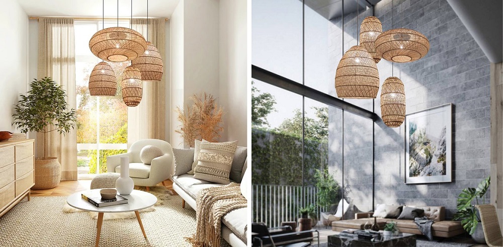 Different installation heights for rattan pendant lights in different living rooms