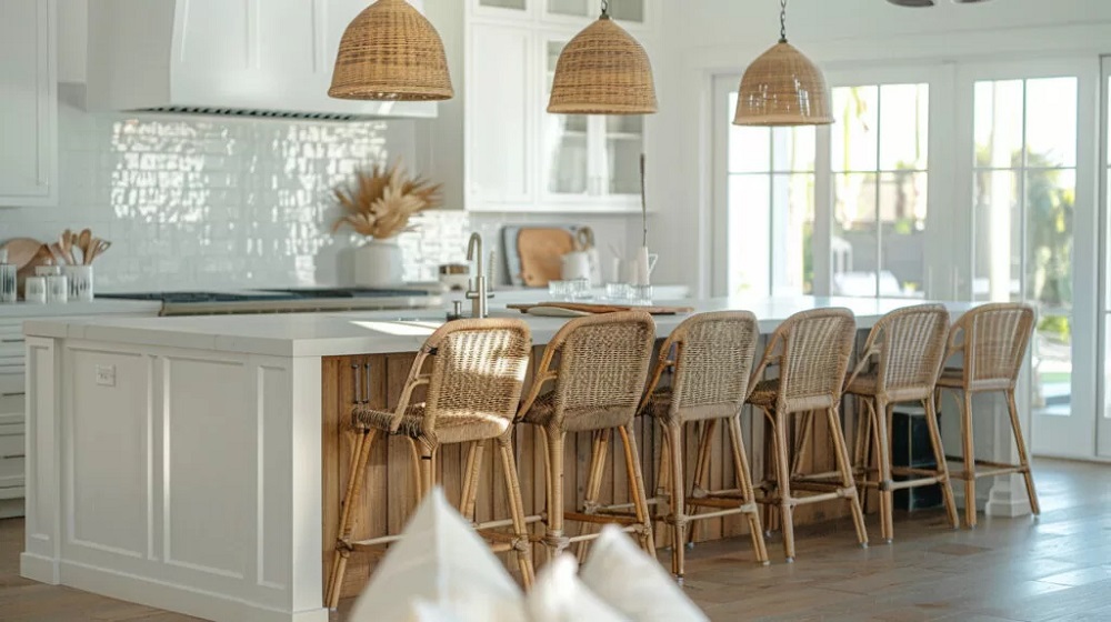 Multiple palm pendant lights hanging over a modern kitchen island