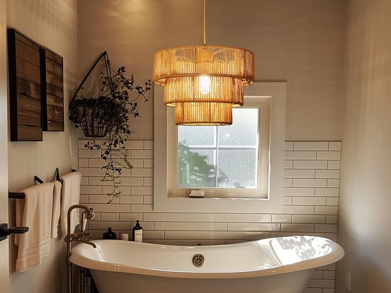 A uniquely shaped palm pendant light hangs above the bathtub.