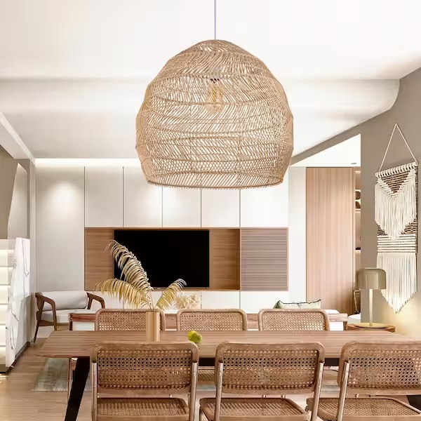 Palm chandelier paired with rattan furniture