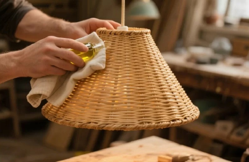 Apply a protective coating to the natural rattan lampshade.