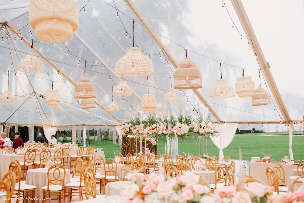 Coastal-style rattan lamps at the wedding