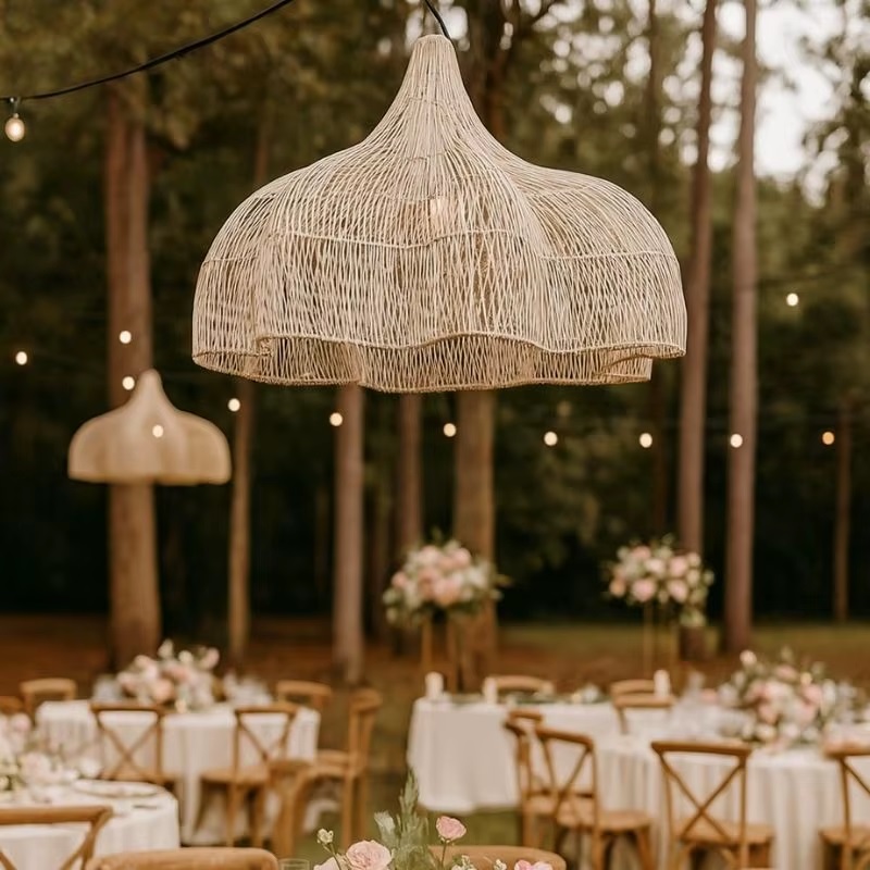 Large rattan pendant lights at weddings