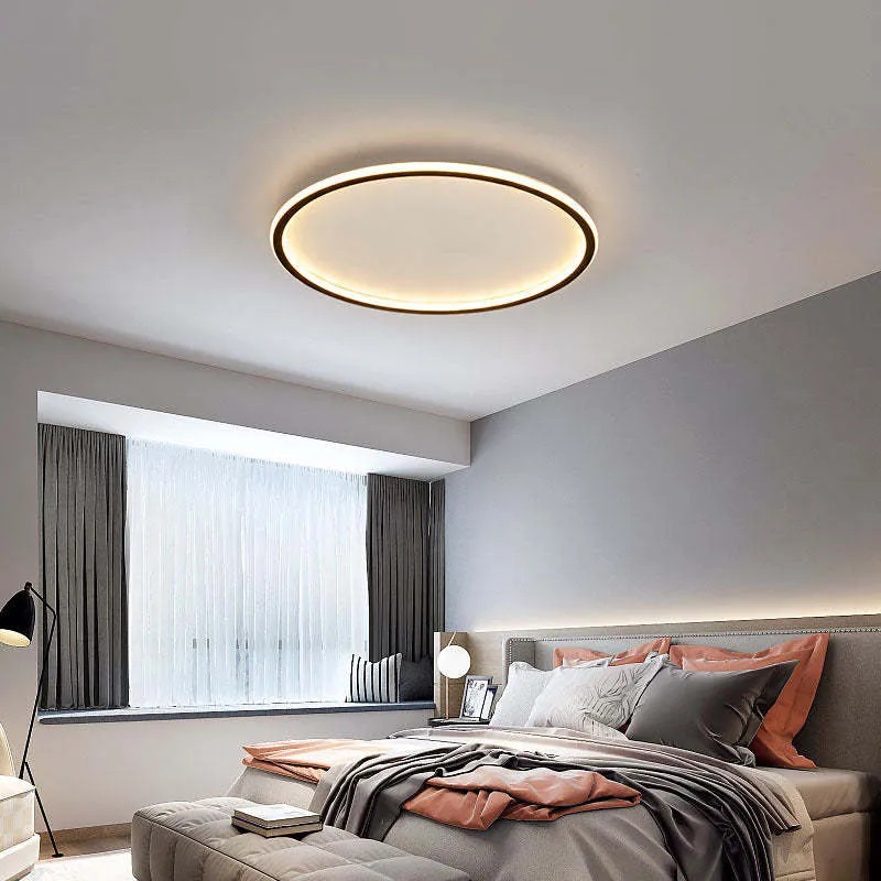 Ultra-thin LED flush mount ceiling light providing wide-angle ambient illumination.