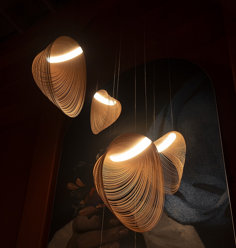 Floating pendant light in double-height loft