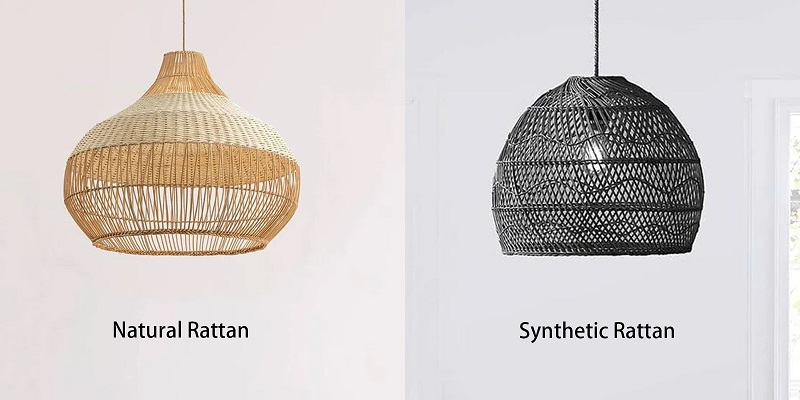 Side-by-side comparison of natural rattan light and synthetic faux rattan light