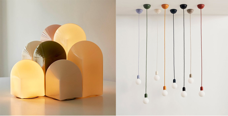 Color-tinted pendant and table lamp in children's room